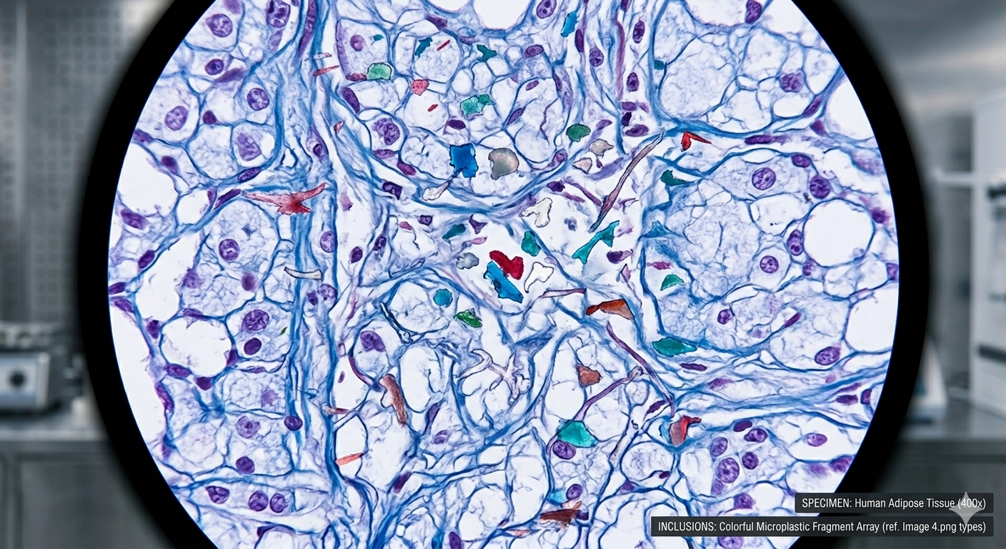 Microplastic particles found in human tissue under microscopy